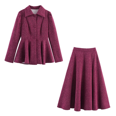 Dames Elegante Tweed Peplum Top En A-Lijn Midi Rok Outfit Retro Britse Stijl Lange Mouwen Getextureerd Wijnrood