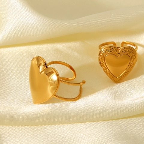 Heart Locket Ring 18K Gold Plated Stainless Steel Vintage Engraved Smooth Adjustable Open Finger Jewelry For Women