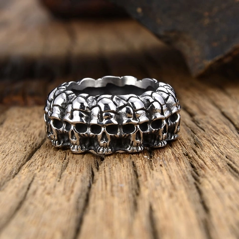Stainless Steel Skull Ring Vintage Gothic Punk Hip Hop Jewelry For Men Retro Silver Finish