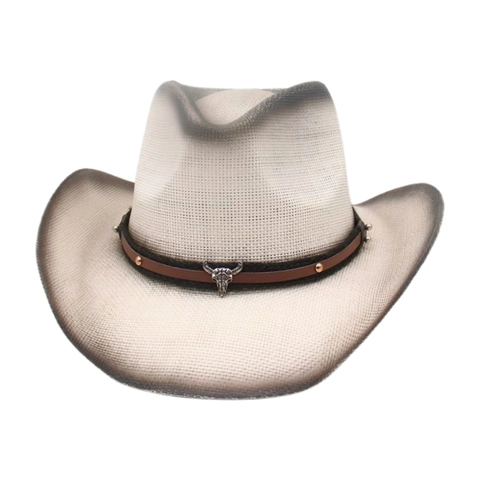 Western Cowboy Hat Woven Straw Bull Skull Metal Decor Wide Brim Sunshade Vintage Ethnic For Men Women