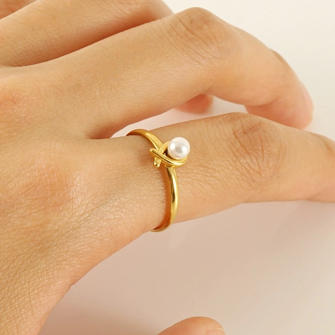 Artificial Pearl Open Ring Stainless Steel 18K Gold Plated Adjustable Wrap Twisted Finger Jewelry Elegant Fashion For Women