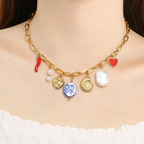 Stainless Steel Gold Plated Multi Charm Necklace Women Heart Butterfly Sunflower Artificial Pearl Shell Chili Enamel Ceramic Pendants