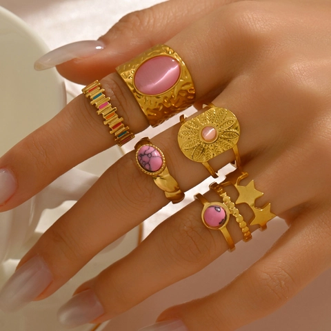French Retro Stainless Steel 18K Gold Plated Open Ring For Women Natural Stone Pink Rhinestone Enamel Geometric Adjustable Ring