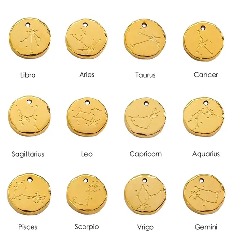 Ciondoli Costellazione Zodiacale Acciaio Inossidabile Placcato Oro 14K Pendenti Tondi Per Creazione Gioielli Fai Da Te