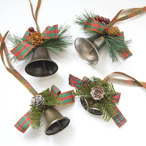 Campana Appesa Di Natale Ornamento Fiocco Di Velluto Pigne Metallo Vintage Decorazione Festiva Per Albero Casa