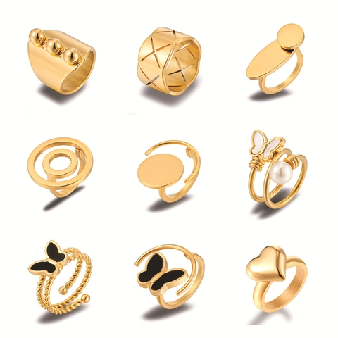 Titanium Steel Butterfly Heart Geometric Rings For Women INS Style Electroplated Non-Fading Artificial Pearl Rhinestone Rings Fashion Jewelry