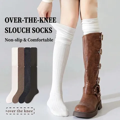 Women Over The Knee Long Slouch Socks Ribbed Knit Solid Color Cotton Blend Elastic Breathable Preppy Style Stockings
