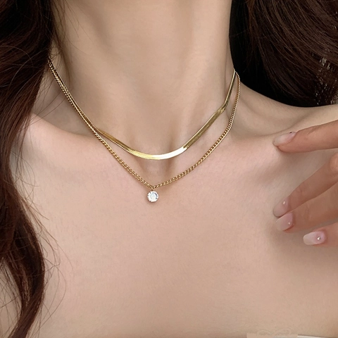 Collana A Doppio Strato Acciaio Al Titanio Catena A Serpente Con Pendente In Zircone Tondo Gioielli Minimalisti Da Donna