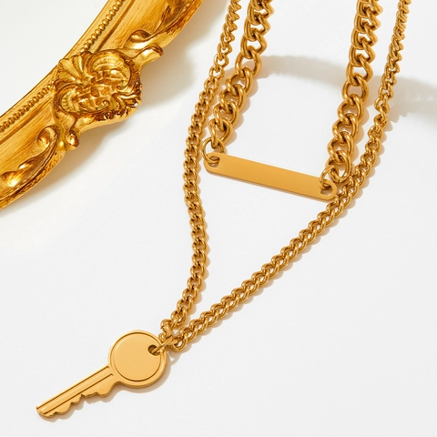 Double Layer Stainless Steel Necklace With Key And Rectangular Bar Pendant Chunky Chain Punk Style For Women