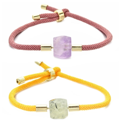 Adjustable Braided Cord Bracelet Natural Stone Charm Geometric Copper Accents Minimalist Jewelry Women