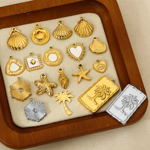 Ocean Stainless Steel Pendants Scallop Starfish Palm Tree Heart Charms DIY Jewelry Making 14K Gold Plated Waterproof Accessory