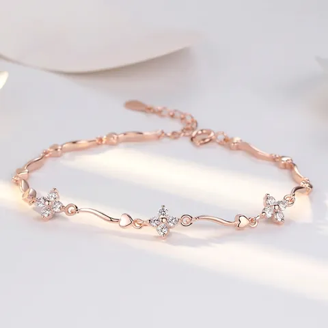 Fresh Sweet Four-Leaf Clover Heart Bracelet For Women Rose Gold Silver Plated Rhinestone Lucky Chain Bracelet Adjustable Jewelry Gift