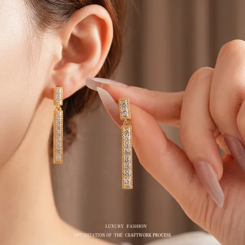 Geometric Square Bar Dangle Stud Earrings With 925 Sterling Silver Earring Post And Zircon Copper For Women Light Luxury