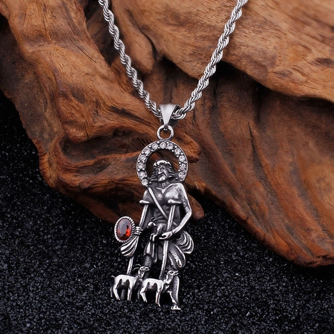 Retro San Lazaro Religieuze Hanger Ketting Roestvrij Staal Met Rode Steen En Witte Strass Hip Hop Sieraden