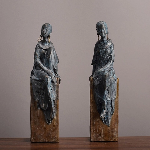 African Lady Figurine Retro Abstract Female Sculpture Resin Statue Bronze Finish Home Living Room Office Desktop Decor