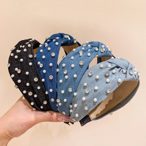 Women Denim Knotted Headband Faux Artificial Pearl Rhinestone Sequin Wide Padded Hairband Retro Fashion Hair Accessory