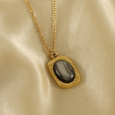 Retro Pendant Necklace 18K Gold Plated Stainless Steel Natural Tiger Eye Stone Rectangular Geometric Jewelry For Women