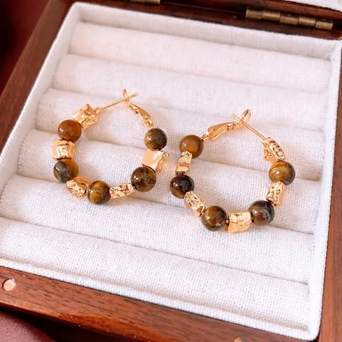 Tigerauge Perlen Creolen Mit 925 Sterling Silber Ohrstecker 18K Vergoldet Retro Vintage Stil Für Damen