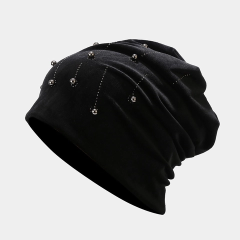 Gorro Beanie Caído Terciopelo Perla Artificial Diamante De Imitación Cálido Doble Capa Pullover Invierno Otoño Casual Para Mujeres