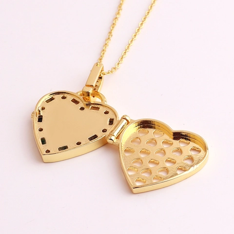 Green Enamel Heart Locket Necklace Gold Plated Brass With Colorful Cubic Zirconia Pendant Jewelry For Women Fashion Simple
