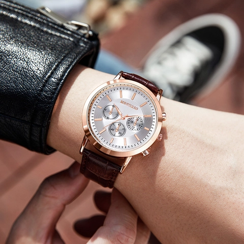 Fashion Business Men Quartz Watch Rose Gold Case Multiple Sub Dials Leather Strap Round Dial Elegant