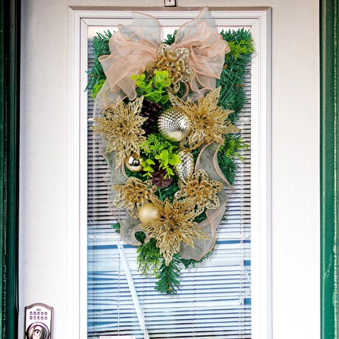 Christmas Teardrop Swag Artificial Pine Plastic Fabric Golden Glitter Flowers Champagne Organza Bow Front Door Hanging Decor