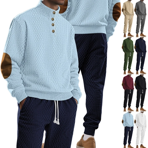 Herren Strick Jacquard Casual Anzug Hochgeschlossen Sweatshirt Und Jogger Langarm Kordelzug Patchwork Einfarbig Herbst Winter