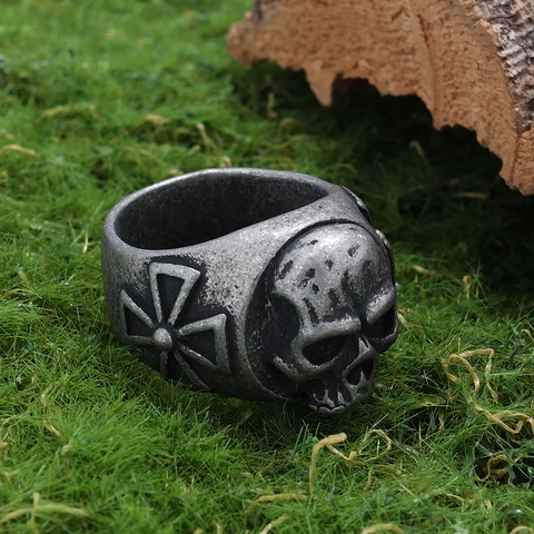 Anello Teschio Gotico Vintage Da Uomo Croce 3D Acciaio Inossidabile Biker Punk Rock Gioielli Finitura Argento Ossidato