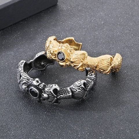 Stainless Steel Gothic Skull Open Cuff Bangle Bracelet With Black Zircon Punk Rock Jewelry For Men Exaggerated Style