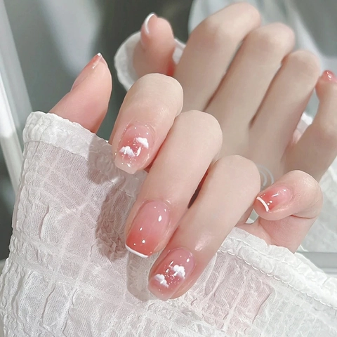 Press On Nails Pink Ombre Cloud Pattern French Tip Square Glossy False Nails For Women