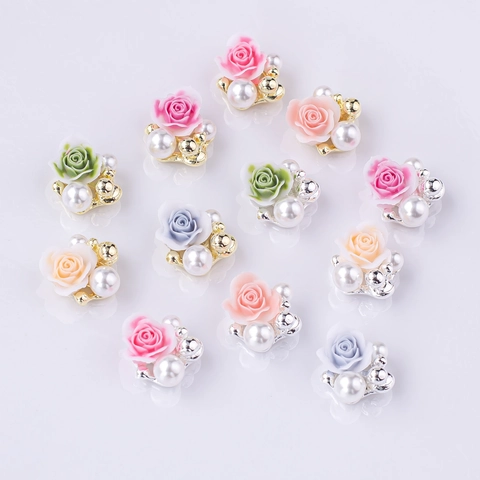 3D Nagelkunst Charms Harz Rosenblüten Legierung Künstliche Perlen Dekorationen Maniküre DIY Luxus Elegant Damen