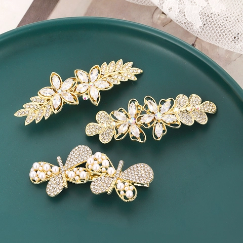 Pinzas Para El Cabello Mujer Elegante Mariposa Flor Hoja Aleación Pedrería Circonita Perla Artificial Imitación Brillante Horquilla