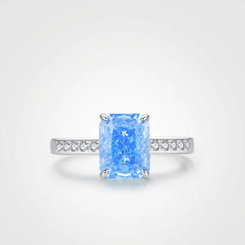 Anello In Argento Sterling 925 Zircone Blu Chiaro Rettangolare Taglio Fiore Di Ghiaccio Lusso Matrimonio Banchetto Per Donne