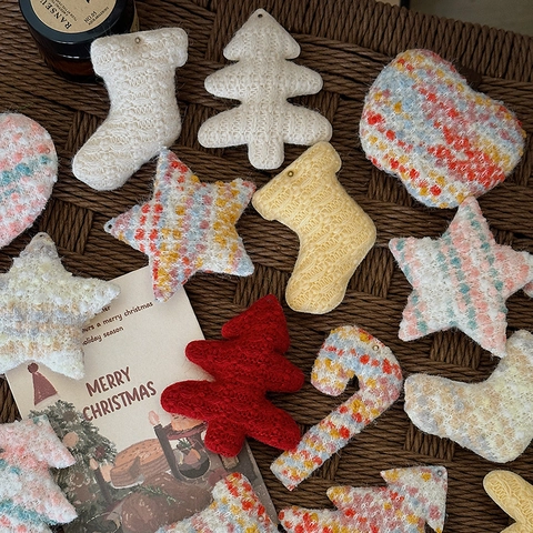 Christmas Knitted Fabric Ornaments Tree Star Socks Shaped Handmade Patches DIY Crafts Holiday Party Decor