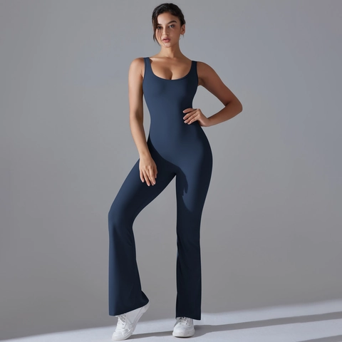 Backless Yoga Jumpsuit Women Workout Unitard Flared Leg U Neck Scrunch Butt Lifting Nylon Spandex Slim Fit