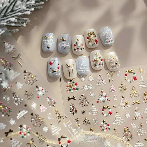 Christmas Nail Stickers 3D Relief Embossed Gold Colorful Star Christmas Tree Bell Snowflake Winter Holiday DIY Decoration