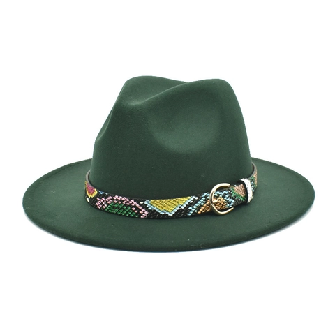 Fedora Hat Wide Brim Wool Felt Style Snake Pattern Band Gold Buckle Sun Protection Outdoor Jazz Style Unisex