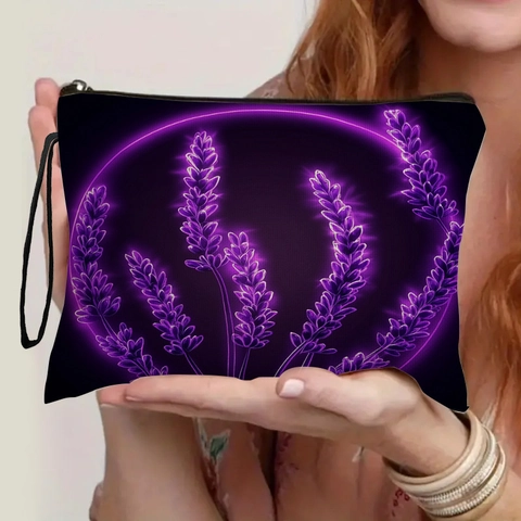 Lavender Floral Print Makeup Bag Fine Linen Tragbare Kosmetiktasche Reißverschluss Kulturbeutel Reise Handtasche Für Damen