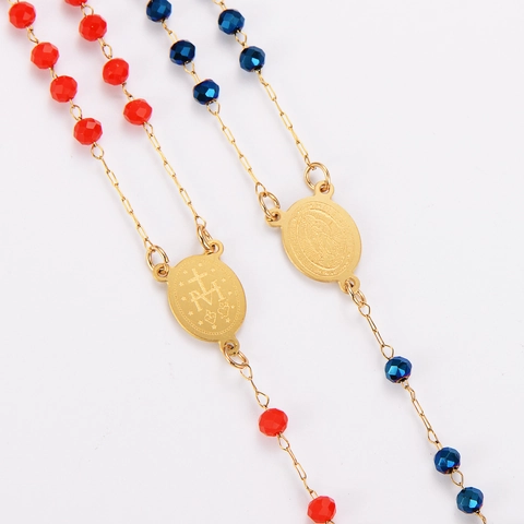 Collana Rosario Placcata Oro 18K Acciaio Inossidabile 304 Grani In Cristallo Sfaccettato Medaglia Vergine Maria Ciondolo Croce