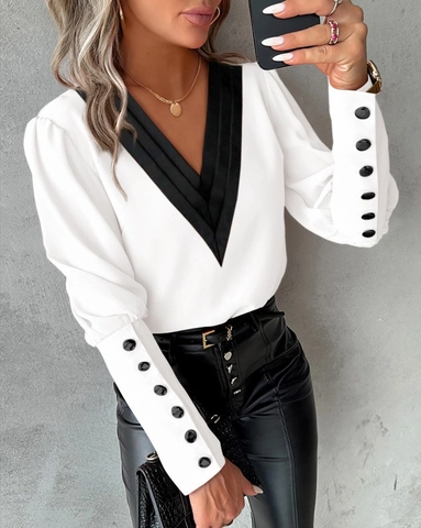 Women's V-Neck Contrast Trim Blouse Long Sleeve Puff Sleeve Top With Decorative Buttons Elegant Solid Color Commuter Shirt
