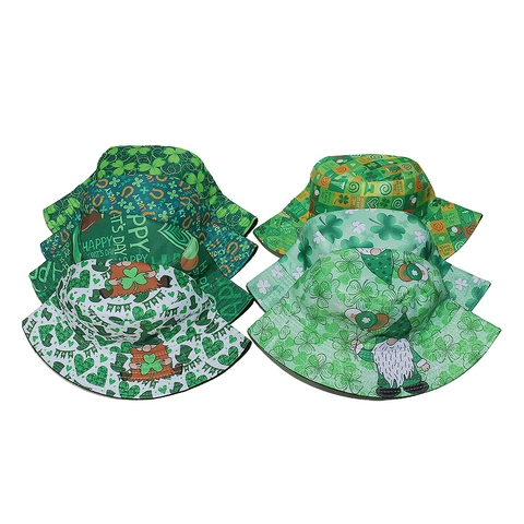 Bucket Hat St Patricks Day Shamrock Clover Print Polyester Sun Protection Holiday Festival Gnome Pattern Adults Lucky