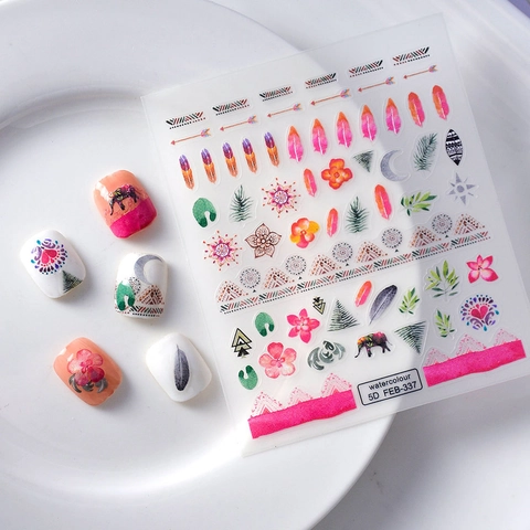 Autocollants Nail Art 5D Gaufrés Aquarelle Bohème Plume Mandala Éléphant Auto Adhésifs Décalcomanies Manucure Pour Femmes