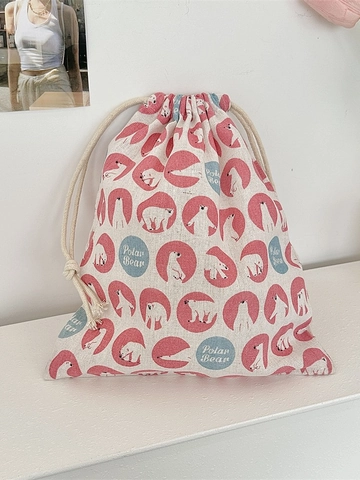 Cotton Linen Drawstring Storage Bag Portable Cartoon Bear Floral Grid Print Makeup Pouch Gift Packing Bag For Women Daily Organization