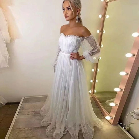 Robe De Mariée Épaules Dénudées Tulle À Pois Manches Bouffantes Longue Ivoire Blanc Robe De Bal