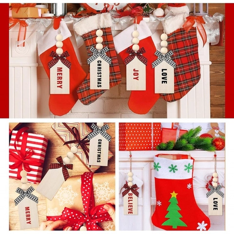 Christmas Wooden Tag Hanging Ornaments With Plaid Bows And Wooden Beads For Stocking Decorations DIY Natural Wood Crafts
