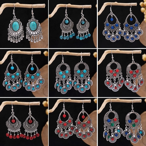 Bohemian Tassel Drop Earrings Alloy Ethnic Style Vintage Turquoise Beads Jewelry With Stainless Steel Earring Post For Women