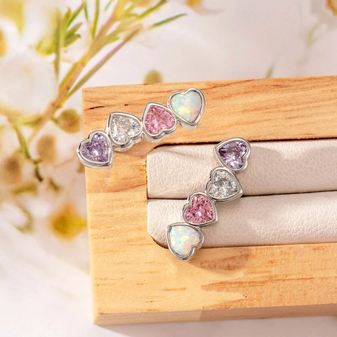 Boucle Oreille Piercing Hélix Cartilage En Acier Titane Zircon Cœur Avec Opale Synthétique Colorée Dos Plat Vissé