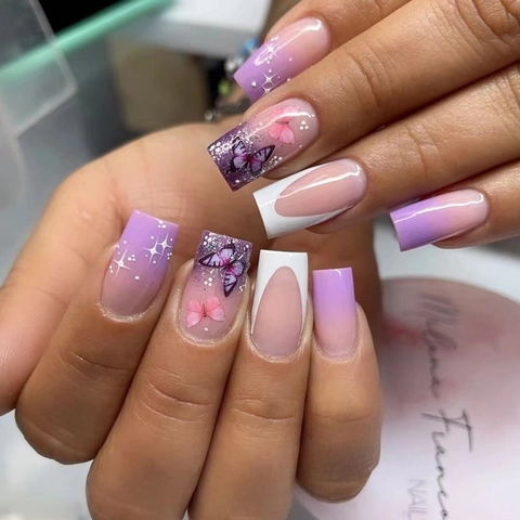 Purple Gradient Press On Nails With Butterfly Pattern Long Square French Style Artificial Fake Nails For Women