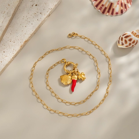 Rote Chili Schildkröte Muschel Anhänger Halskette 18K Vergoldet Edelstahl Schmuck Für Damen Sommer Strand Ins Stil