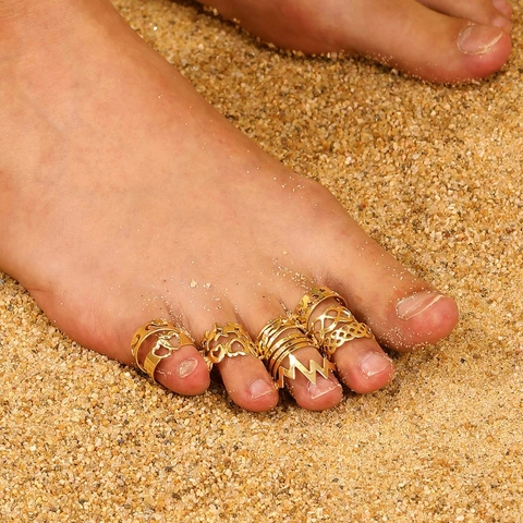 Bohemien Legierung Stern Mond Hohl Zehenringe Und Ohrklemmen Für Damen Verstellbare Offene Fußringe Strand Schmuck